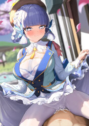 Rule 34 | 1boy, 1girl, aether (genshin impact), ayaka (genshin impact), blue eyes, blunt bangs, blurry, blurry background, blush, braid, braided hair rings, breasts, brown headwear, butterfly hair ornament, cameltoe, cherry blossoms, clothes lift, collar, commentary request, cum, dress, dress lift, falling petals, flower, genshin impact, girl on top, greem bang, grey hair, hair flower, hair ornament, hair rings, hat, heart, heart-shaped pupils, hetero, highres, holding, kamisato ayaka, kamisato ayaka (springbloom missive), large breasts, lifting own clothes, long hair, looking at viewer, multicolored clothes, multicolored dress, neck tassel, official alternate costume, official alternate hairstyle, panties, panties under pantyhose, pantyhose, petals, sex, sitting, sitting on person, solo focus, symbol-shaped pupils, thighs, underwear, white collar, white flower, white pantyhose