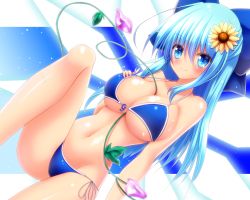 Rule 34 | 1girl, alternate breast size, between breasts, bikini, blue bikini, blue dress, blue eyes, blue hair, bow, breasts, cirno, dress, fairy wings, flower, hair bow, hidden star in four seasons, ice, ice wings, long hair, looking at viewer, aged up, osashin (osada), plant, side-tie bikini bottom, smile, solo, sunflower, swimsuit, tanned cirno, touhou, vines, wings
