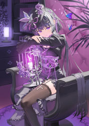Rule 34 | 1girl, animal, armchair, beret, birdcage, black dress, black hair, black hat, black thighhighs, braid, bug, butterfly, cage, candle, chair, closed mouth, commission, cropped jacket, dress, fire, flower, frilled dress, frills, garter straps, hat, hat flower, highres, indoors, insect, juliet sleeves, kitada mo, long hair, long sleeves, looking at viewer, on chair, original, pink fire, plant, puffy sleeves, purple flower, purple rose, purple theme, rose, sitting, smile, solo, thighhighs, tilted headwear, very long hair