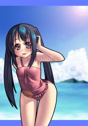 Rule 34 | 00s, 1girl, armpits, black hair, blue hair, blush, cloud, cover, day, female focus, flat chest, gaien, highres, k-on!, long hair, nakano azusa, ocean, one-piece swimsuit, outdoors, pink one-piece swimsuit, sky, solo, swimsuit, twintails, water