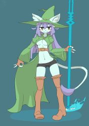 Rule 34 | 1girl, boots, cat, female focus, full body, furry, furry female, green background, hat, highres, looking at viewer, no bra, purple hair, shorts, simple background, smile, solo, standing, the amboina, witch hat, yellow eyes