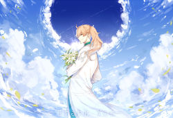Rule 34 | 1boy, bouquet, cloud, cloudy sky, commentary, english commentary, english text, fate/grand order, fate (series), flower, gevjon, green eyes, highres, holding, holding bouquet, lab coat, lily (flower), long hair, long sleeves, looking back, male focus, orange hair, petals, ponytail, romani archaman, sky, smile, solo, spoilers, white flower