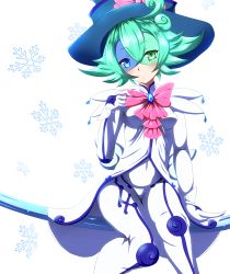 Rule 34 | 1girl, adjusting bow, blue hat, blush, bow, danpu, duel monster, green eyes, green hair, hat, highres, matching hair/eyes, pink ribbon, ribbon, simple background, snowflakes, solo, white background, windwitch glass bell, witch, witch hat, yu-gi-oh!, yu-gi-oh! duel monsters