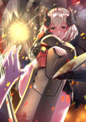 Rule 34 | absurdres, armor, azur lane, black jacket, blonde hair, blood, blood splatter, blush, breasts, brown eyes, charging (attack), cross, gloves, greaves, hair between eyes, hand on own face, hand up, head tilt, headgear, highres, iron cross, jacket, ken ill, large breasts, light particles, long sleeves, looking at viewer, machinery, miniskirt, multicolored hair, open mouth, pleated skirt, pov, powering up, red hair, rigging, roon (azur lane), shirt, short hair, sidelocks, skirt, smile, solo focus, streaked hair