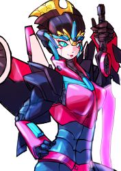 Rule 34 | 1girl, absurdres, autobot, blue eyes, breasts, hand on own hip, highres, lipstick, makeup, mecha girl, oberon826, simple background, transformers, white background, windblade (transformers), wings