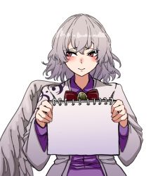 Rule 34 | 1girl, angel wings, blush, bow, bowtie, collared shirt, dress, feathered wings, ghostship55, hair between eyes, holding, holding notebook, jacket, kishin sagume, long sleeves, looking away, medium hair, notebook, purple dress, red bow, red bowtie, red eyes, shirt, simple background, single wing, solo, suit jacket, template, touhou, upper body, white background, white hair, white wings, wings