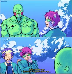 Rule 34 | 2koma, 3boys, anger vein, closed mouth, cloud, colored skin, comic, commentary, crossover, disgust, ekubo (mob psycho 100), english commentary, english text, green-tinted eyewear, green jacket, green skin, hand on another&#039;s shoulder, jacket, long sleeves, looking at another, male focus, minsuhshi, mob psycho 100, multiple boys, muscular, muscular male, pink hair, purple hair, saiki kusuo, saiki kusuo no psi nan, school uniform, short hair, subtitled, tinted eyewear, toritsuka reita, upper body