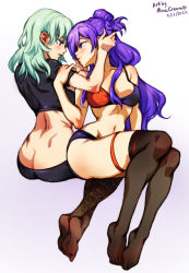 Rule 34 | 2girls, absurdres, ass, black thighhighs, blush, bra, breasts, butt crack, byleth (female) (fire emblem), byleth (fire emblem), enlightened byleth (female), fire emblem, fire emblem: three houses, fire emblem warriors: three hopes, grabbing another&#039;s arm, grabbing another&#039;s hair, green eyes, green hair, hair bun, hair over one eye, highres, large breasts, leg strap, long hair, looking at another, medium hair, mina cream, multiple girls, nintendo, no shoes, one eye covered, panties, purple eyes, purple hair, shez (female) (fire emblem), shez (fire emblem), simple background, single hair bun, thighhighs, thighs, underwear, yuri