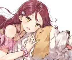 Rule 34 | 10s, 1girl, :d, animal, bad id, bad pixiv id, breasts, cleavage, collarbone, commentary request, criss-cross halter, dog, hair ornament, hairclip, half updo, halterneck, long hair, looking at viewer, love live!, love live! sunshine!!, open mouth, pink scrunchie, polka dot, polka dot scrunchie, red hair, sakurauchi riko, scrunchie, shiitake (love live! sunshine!!), signature, smile, solo, takenoko no you, tongue, tongue out, white background, wrist scrunchie, yellow eyes