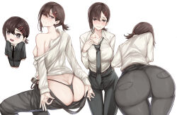 Rule 34 | 1girl, absurdres, ass, belt, black necktie, black pants, black suit, blush, breasts, brown eyes, brown hair, business suit, butt crack, cameltoe, chainsaw man, chibi, chibi inset, clothes pull, collarbone, collared shirt, commentary, english commentary, formal, hair ornament, hairclip, higashiyama kobeni, highleg, highleg panties, highres, huge ass, looking at viewer, looking back, medium breasts, medium hair, mole, mole under eye, multiple views, necktie, nervous smile, no bra, nui gurumi, off shoulder, panties, pants, pants pull, pulling own clothes, shirt, shirt tug, short ponytail, sideboob, single sidelock, smile, suit, sweat, swept bangs, thigh gap, thong, tight clothes, tight pants, underwear, white background, white shirt