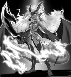 Rule 34 | 1girl, breasts, cameltoe, claws, collar, demon girl, earrings, fangs, fire, greyscale, horns, iwako, jewelry, long hair, monochrome, navel, nipples, original, pointy ears, revealing clothes, small breasts, solo, tail, thighhighs, weapon, wings