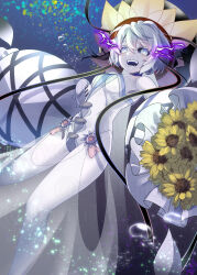 Rule 34 | 1girl, absurdres, black sclera, bouquet, bubble, colored sclera, colored skin, fate/grand order, fate (series), flower, hat, highres, ryofuhiko, smile, sunflower, twitter username, underwater, van gogh (fate), van gogh (third ascension) (fate), watermark, white eyes, white hair, white skin, wide sleeves