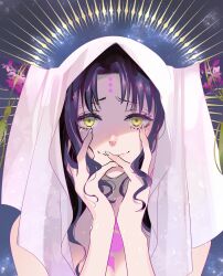 Rule 34 | 1girl, absurdres, black hair, facial mark, fate/grand order, fate (series), forehead mark, gold tassel, halo, halo behind head, hands on own face, henna, highres, multicolored hair, sessyoin kiara, solo, star (sky), streaked hair, thick eyelashes, topless, vuipui, white hood, yellow eyes