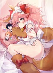 Rule 34 | 1girl, ahoge, animal ear fluff, animal ears, apron, ass, bed sheet, bell, black hair, blush, bow, breasts, brown eyes, cat ears, cat tail, character doll, chibi, claws, collar, commentary request, fate/grand order, fate (series), fox ears, fox tail, frills, fujimaru ritsuka (female), fujimaru ritsuka (male), gloves, hair bow, hair ribbon, highres, large breasts, long hair, looking at viewer, lying, maid apron, maid headdress, naked apron, neck bell, on side, one side up, pillow, pink hair, ribbon, sideboob, solo, sparkle, tail, tamamo (fate), tamamo cat (fate), tamamo cat (third ascension) (fate), yukimiya yuge