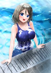 Rule 34 | 1girl, absurdres, blue eyes, blue one-piece swimsuit, breasts, brown hair, competition swimsuit, grey hair, hair between eyes, highres, love live!, love live! sunshine!!, medium breasts, one-piece swimsuit, open mouth, partially submerged, pool, poolside, ripples, school swimsuit, shirosaki (nanokait), short hair, smile, solo, sunlight, swimsuit, watanabe you, water, wet, wet clothes, wet swimsuit