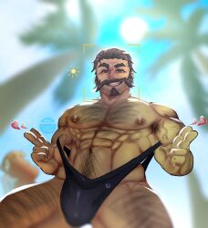 Rule 34 | 1boy, abs, armpit hair, armpit hair peek, bara, black male swimwear, bulge, chest hair, facial hair, from below, graves (league of legends), hair slicked back, hairy, heart, highres, large pectorals, league of legends, looking at viewer, male focus, male swimwear, male swimwear lift, mature male, muscular, muscular male, navel, nipples, pectorals, renishi9, seductive smile, short hair, smile, solo, standing, stomach, swim briefs, thick arm hair, thick chest hair, thick eyebrows, thick leg hair, thick navel hair, thick thighs, thighs, topless male, very hairy, viewfinder