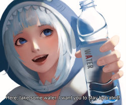 Rule 34 | 1girl, absurdres, animal hood, blue eyes, blue hair, blue hood, bottle, close-up, darr1o, english text, gawr gura, gawr gura (1st costume), highres, holding, holding bottle, hololive, hololive english, hood, hood up, looking at viewer, looking up, multicolored hair, open mouth, realistic, shark hood, sharp teeth, solo, subtitled, teeth, upper teeth only, virtual youtuber, water bottle, white background, white hair
