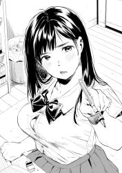 Rule 34 | 1girl, black hair, blush, bookshelf, bow, bowtie, breasts, cleavage, cleavage cutout, clothing cutout, collared shirt, commentary, desk, door, eraser, from above, greyscale, highres, holding, holding pen, indoors, kamiyama aya, large breasts, long hair, looking at viewer, monochrome, notebook, open mouth, original, pen, pleated skirt, pointing, pointing at viewer, room, school uniform, shirt, short sleeves, skirt, solo, studying, teeth, trash can, wooden floor