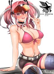 Rule 34 | 1girl, :d, absurdres, arm support, aviator sunglasses, azur lane, bare shoulders, belt, bikini, black choker, black shorts, blue thighhighs, bracelet, breasts, bremerton (azur lane), character name, choker, cleavage, commentary, covered erect nipples, cutoffs, eagle union (emblem), ear piercing, eyewear on head, fangs, front-tie bikini top, front-tie top, grey belt, grey hair, hair between eyes, hair intakes, hair ornament, highleg, highleg bikini, highres, jewelry, large breasts, lifebuoy ornament, long hair, looking at viewer, midriff, mole, mole on breast, mole under eye, multicolored hair, navel, navel piercing, no shirt, open mouth, phaser array, piercing, pink bikini, pink eyes, pink hair, pink nails, red-tinted eyewear, short shorts, shorts, sidelocks, signature, simple background, sitting, skindentation, smile, solo, streaked hair, sunglasses, swimsuit, teeth, thigh strap, thighhighs, tinted eyewear, twintails, two-tone hair, upper teeth only, v, white background