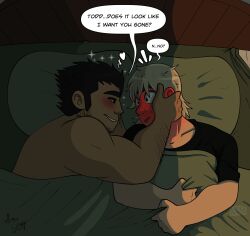 Rule 34 | 2boys, afterglow, bara, beard stubble, black hair, blush, borrowed clothes, couple, english text, eye contact, facial hair, from above, full-face blush, highres, huge eyebrows, imminent kiss, long sideburns, looking at another, lorificarts, lucas lee, lying, male focus, multiple boys, muscular, muscular male, notice lines, on back, on bed, profile, scott pilgrim (series), scott pilgrim takes off, shirt, short hair, short sleeves, sideburns, smile, smirk, sparkling aura, stubble, t-shirt, todd ingram, topless male, under covers, upper body, yaoi