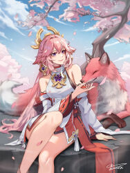 Rule 34 | 1girl, absurdres, animal ears, arm support, bare legs, bare shoulders, blue sky, chinese commentary, cloud, commentary request, day, detached sleeves, feet out of frame, fox, fox ears, genshin impact, hair intakes, highres, juwdi, knee up, legs, long hair, long sleeves, pink hair, purple eyes, red skirt, shirt, sitting, skirt, sky, sleeveless, sleeveless shirt, smile, solo, very long hair, white shirt, yae miko