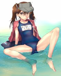 Rule 34 | 1girl, arm support, barefoot, brown eyes, brown hair, brown shirt, commentary request, feet, highres, kantai collection, katase minami, leaning back, legs, long hair, one-piece swimsuit, open clothes, open shirt, ribbon, ryuujou (kancolle), school swimsuit, shirt, shirt on shoulders, sitting, solo, spread legs, swimsuit, swimsuit under clothes, toes, twintails, visor cap, water