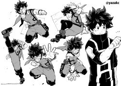 Rule 34 | 1boy, angry, belt pouch, blood, boku no hero academia, boots, bright pupils, clenched hands, clenched teeth, freckles, gloves, greyscale, high kick, highres, kicking, male focus, midoriya izuku, monochrome, outstretched arm, pouch, scar, scar on hand, simple background, smile, solo, spiked hair, teeth, twitter username, u.a. gym uniform, uniform, white background, white pupils, yazaki (yazakc)