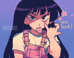 Rule 34 | 1girl, akanbe, bishoujo senshi sailor moon, closed mouth, eyelid pull, female focus, hino rei, overalls, pink overalls, purple background, simple background, solo, speedoru, star (symbol), tongue, tongue out, upper body