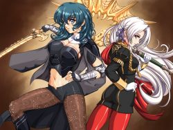 2girls ass blue_eyes blue_hair breasts byleth_(female)_(fire_emblem) byleth_(fire_emblem) cleavage edelgard_von_hresvelg fire_emblem highres lace lace-trimmed_legwear lace_trim large_breasts midriff multiple_girls navel nintendo purple_eyes sirknightbot small_breasts sword weapon white_hair