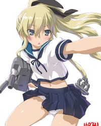 Rule 34 | 1girl, anchor hair ornament, black ribbon, blonde hair, blue eyes, blue ribbon, carrying, carrying under arm, cosplay, dated, dd (ijigendd), fubuki (kancolle), fubuki (kancolle) (cosplay), hair ornament, hair ribbon, highres, kantai collection, long hair, looking to the side, navel, outstretched arm, panties, pantyshot, rensouhou-chan, ribbon, school uniform, serafuku, shimakaze (kancolle), simple background, skirt, solo, thighs, underwear, very long hair, white background, white panties