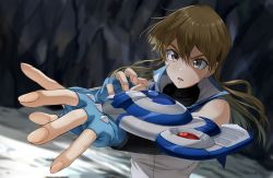 Rule 34 | 1girl, bad id, bad twitter id, blue gloves, blurry, blurry background, brown eyes, brown hair, duel academy uniform (yu-gi-oh! gx), duel disk, fingerless gloves, floating hair, gloves, hair between eyes, jacket, long hair, open mouth, outstretched arm, rourou ill, sleeveless, sleeveless jacket, solo, tenjouin asuka, turtleneck, upper body, v-shaped eyebrows, white jacket, yu-gi-oh!, yu-gi-oh! gx