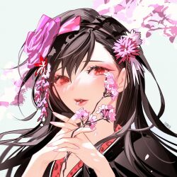 Rule 34 | 1girl, black hair, black kimono, commentary, duoj ji, english commentary, eyelashes, final fantasy, final fantasy vii, final fantasy vii remake, flower, hair flower, hair ornament, highres, holding, holding flower, japanese clothes, kimono, lips, long hair, looking at viewer, official alternate costume, petals, petals in mouth, pink flower, pink nails, red eyes, red lips, solo, swept bangs, tifa lockhart, tifa lockhart (exotic dress), twitter username, upper body