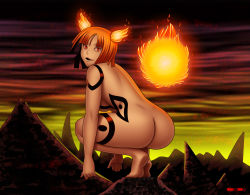 Rule 34 | 1girl, aura, blonde hair, breasts, energy, fire, hell, kaguya (soul eater), large breasts, looking at viewer, looking back, nude, open mouth, pale skin, power, red eyes, sitting, smirk, smug, solo, soul eater, tattoo