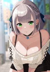 Rule 34 | 1girl, bent over, black choker, black tank top, breasts, brown skirt, choker, cleavage, commentary request, eqbal lynx, green eyes, grey hair, highres, hololive, large breasts, looking at viewer, miniskirt, shirogane noel, shirogane noel (casual), short hair, skirt, smile, solo, sweater, tank top, virtual youtuber, white sweater