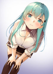 Rule 34 | 1girl, blouse, blue background, blush, breasts, brown skirt, brown thighhighs, buttons, byte (allbyte), cleavage, collared shirt, gradient background, green eyes, green hair, hair between eyes, highres, kantai collection, large breasts, long hair, pleated skirt, puffy sleeves, see-through, shirt, skirt, solo, striped clothes, striped skirt, suzuya (kancolle), thighhighs, white shirt