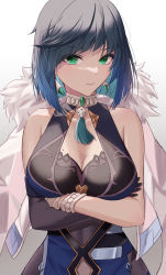 Rule 34 | 1girl, bakemonsou, bare arms, black gloves, blue hair, breast hold, breasts, chinese clothes, cleavage, coat, crossed arms, diagonal bangs, dice, earrings, elbow gloves, fur coat, fur trim, gem, genshin impact, gloves, green eyes, highres, jewelry, large breasts, looking at viewer, mole, mole on breast, simple background, single glove, sleeveless, solo, tassel, yelan (genshin impact)