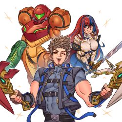 Rule 34 | 1boy, 2girls, absurdres, alear (female) (fire emblem), alear (fire emblem), arm cannon, armor, assault visor, blue eyes, blue hair, braid, breasts, company connection, crossed bangs, crossover, crown braid, dual wielding, facial hair, fire emblem, fire emblem engage, hair between eyes, helmet, heterochromia, highres, holding, holding weapon, large breasts, liberation (fire emblem), long hair, looking at viewer, mature male, medium breasts, metroid, multicolored hair, multiple girls, muscular, muscular male, nintendo, pectorals, power suit, power suit (metroid), ravenousruss, red eyes, red hair, rex (xenoblade), samus aran, smile, split-color hair, sword, tiara, two-tone hair, very long hair, weapon, xenoblade chronicles (series), xenoblade chronicles 3, xenoblade chronicles 3: future redeemed