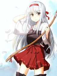Rule 34 | 10s, 1girl, armor, bow (weapon), feathers, hairband, japanese clothes, kantai collection, long hair, looking at viewer, mashayuki, muneate, personification, ribbon, shoukaku (kancolle), solo, thighhighs, weapon, white hair, yellow eyes