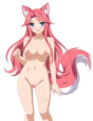 Rule 34 | 1girl, animal ears, bikini, blue eyes, blush, breasts, bruise, completely nude, female focus, fox ears, fox girl, fox tail, game cg, injury, large breasts, legs, long hair, navel, nipples, nude, pussy, red hair, sakura dungeon, shiny skin, simple background, solo, swimsuit, tail, uncensored, white background, yomi (sakura dungeon)