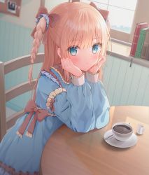 Rule 34 | 1girl, blonde hair, blue dress, blue eyes, book, bow, braid, brown bow, chair, closed mouth, coffee, commentary request, cup, dress, frilled dress, frills, hair bow, hands up, highres, indoors, long sleeves, nufucha, on chair, original, puffy long sleeves, puffy sleeves, reflection, saucer, sitting, sleeves past wrists, solo, spoon, table, twin braids, two side up, window