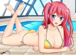 Rule 34 | 1girl, ass, barefoot, bikini, blue eyes, blush, breasts, butt crack, cleavage, feet, female focus, hair ribbon, large breasts, long hair, looking at viewer, lying, on stomach, open mouth, pool, ppshex, red hair, rei no pool, ribbon, sakura airi, soles, solo, swimsuit, the pose, toes, twintails, youkoso jitsuryoku shijou shugi no kyoushitsu e