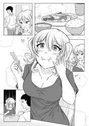 Rule 34 | 10s, 1boy, 1girl, alternate costume, apron, blush, bowl, breasts, burn scar, casual, chopsticks, cleavage, commentary, cup, eating, food, foodgasm, greyscale, heart, heart-shaped pupils, highres, kantai collection, kashima (kancolle), monochrome, mug, rice bowl, robba-san (wangphing), scar, symbol-shaped pupils, tears, twintails, wangphing