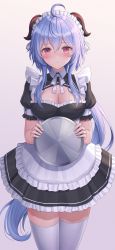 Rule 34 | 1girl, absurdres, ahoge, alternate costume, black dress, blue hair, breasts, cleavage cutout, closed mouth, clothing cutout, commentary, dot nose, dress, enmaided, foreshortening, frills, ganyu (genshin impact), genshin impact, goat horns, hair between eyes, highres, holding, holding tray, horns, large breasts, long hair, looking at viewer, low ponytail, maid, maid headdress, neck ribbon, petticoat, puffy short sleeves, puffy sleeves, ribbon, seungju lee, short sleeves, simple background, solo, thighhighs, thighs, tray, white thighhighs