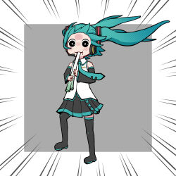 Rule 34 | 1girl, absurdres, aqua hair, aqua necktie, bare shoulders, black eyes, black skirt, black sleeves, black thighhighs, border, commentary, detached sleeves, emphasis lines, floating hair, food, food in mouth, forehead, full body, grey background, hair ornament, hatsune miku, headphones, headset, highres, holding, holding food, holding spring onion, holding vegetable, improvised instrument, instrument, kyoufuu all back (vocaloid), leg up, long hair, miniskirt, music, necktie, parody, playing instrument, pleated skirt, rennkurusu, shirt, skirt, sleeveless, sleeveless shirt, solo, spring onion, thighhighs, twintails, vegetable, very long hair, vocaloid, white border, white shirt, wind