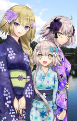 Rule 34 | 3girls, :d, aile t, black feathers, black ribbon, blonde hair, blue bow, blue kimono, blue sky, blush, bow, braid, braided ponytail, cloud, day, fate/grand order, fate (series), feathers, floral print, flower, hair bow, hair flower, hair ornament, hair over shoulder, hair ribbon, hairclip, highres, japanese clothes, jeanne d&#039;arc (fate), jeanne d&#039;arc (ruler) (fate), jeanne d&#039;arc alter (avenger) (fate), jeanne d&#039;arc alter (fate), jeanne d&#039;arc alter santa lily (fate), kimono, lake, long hair, looking at viewer, looking up, multiple girls, obi, open mouth, outdoors, ponytail, print kimono, purple eyes, purple flower, purple rose, ribbon, rose, sash, short hair, silver hair, single braid, sky, smile, snowflake print, very long hair, white flower, white kimono, yellow eyes