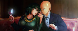 Rule 34 | 1boy, 1girl, alcohol, alternate costume, bald, black necktie, black suit, breasts, chair, collared shirt, comic, cup, dress, drinking glass, eye contact, formal, fubuki (one-punch man), green dress, green eyes, green hair, highres, holding, holding cup, holding drinking glass, jewelry, light, light particles, lipstick, long sleeves, looking at another, makeup, necklace, necktie, necktie grab, neckwear grab, one-punch man, ornate ring, palee, parted lips, red lips, ring, saitama (one-punch man), shiny skin, shirt, short hair, sitting, suit, taut clothes, taut dress, tsurime, wedding ring, wine, wine glass