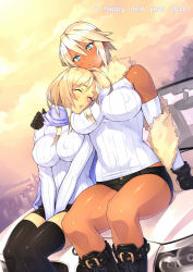 Rule 34 | 10s, 2012, 23 (real xxiii), 2girls, between thighs, blonde hair, blue eyes, blush, bmw, boots, breast pillow, breast press, breasts, brown hair, car, cloud, cloudy sky, couple, covered erect nipples, dark-skinned female, dark skin, detached sleeves, gloves, hand on shoulder, happy new year, highres, impossible clothes, impossible sweater, large breasts, motor vehicle, multiple girls, new year, on vehicle, orange sky, original, ribbed sweater, scarf, sela (23), shirt, short hair, short shorts, shorts, sitting, sky, sleeping, sleeping upright, smile, sunrise, sweater, thighhighs, thighs, ursula (23), v arms, vehicle, wife and wife, yuri