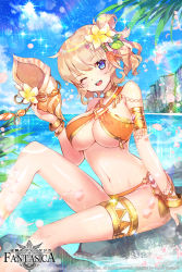 Rule 34 | 1girl, ;d, armlet, artist name, bangle, bikini, blonde hair, blue eyes, blue n, bracelet, breasts, cleavage, company name, conch, copyright name, flower, hair flower, hair ornament, heart, heart-shaped pupils, jewelry, large breasts, looking at viewer, navel, ocean, official art, one eye closed, open mouth, original, short hair, sitting, smile, solo, swimsuit, symbol-shaped pupils, thighlet, water