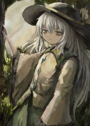 Rule 34 | 1girl, arm at side, arm up, bags under eyes, black hat, blouse, bowler hat, buttons, collar, cowboy shot, day, diamond button, dutch angle, expressionless, forest, frilled collar, frilled sleeves, frills, from side, grass, green eyes, green hair, green skirt, grey hair, hair between eyes, half-closed eyes, hat, hat ribbon, highres, komeiji koishi, leaf, long hair, long sleeves, medium bangs, nature, outdoors, painterly, parted lips, reverinth, ribbon, shirt, sidelocks, skirt, sky, solo, standing, touhou, tree, wide sleeves, yellow ribbon, yellow shirt