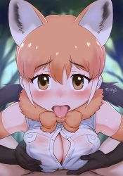 Rule 34 | 1girl, animal ear fluff, animal ears, black hair, blush, bow, bowtie, breasts, breasts squeezed together, brown eyes, commentary request, elbow gloves, fur collar, gloves, hair between eyes, highres, kemono friends, long hair, looking at viewer, maned wolf (kemono friends), masuyama ryou, multicolored hair, open clothes, open mouth, open shirt, orange bow, orange hair, orange neckwear, paizuri, paizuri under clothes, partially unbuttoned, pov, shirt, solo focus, sweat, tongue, tongue out, white shirt, wolf ears